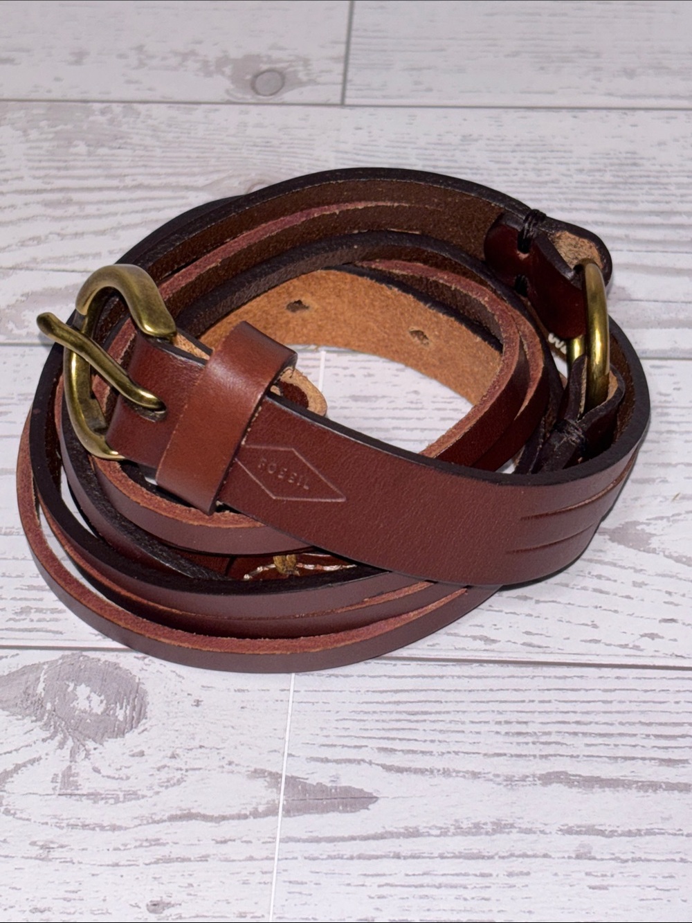 Brown Fossil Leather Belt with Gold Ring Accent size L